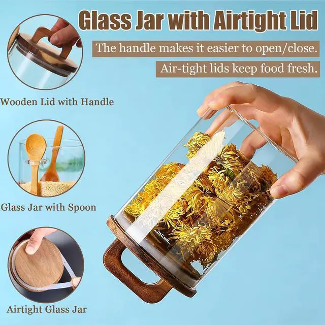 Alt view image 5 of 6 - Coriario 24 OZ Glass Jar with Wooden Lid and Spoon Airtight Glass Sugar Container Wide Mouth Clear Glass Coffee Storage Canister for Food Tea