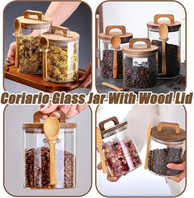 Alt view image 6 of 6 - Coriario 24 OZ Glass Jar with Wooden Lid and Spoon Airtight Glass Sugar Container Wide Mouth Clear Glass Coffee Storage Canister for Food Tea
