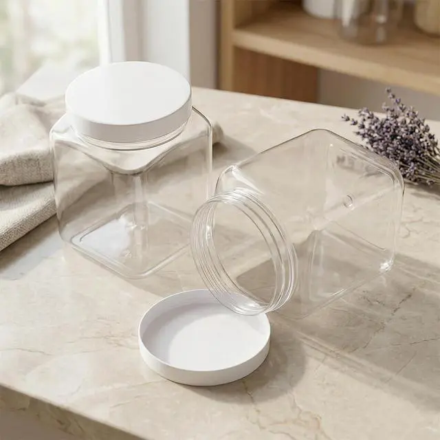 Alt view image 7 of 7 - 2 Pack Clear Plastic Jar with Lids Square Jar with Screw on Lids 26 Oz/750ml Reusable Empty Containers for Household Kitchen Storage Organizing