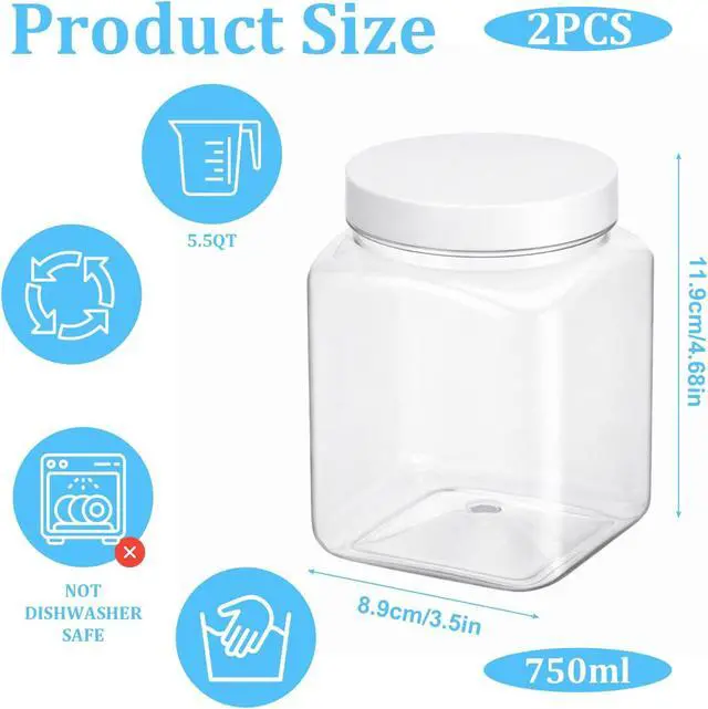 Alt view image 2 of 7 - 2 Pack Clear Plastic Jar with Lids Square Jar with Screw on Lids 26 Oz/750ml Reusable Empty Containers for Household Kitchen Storage Organizing