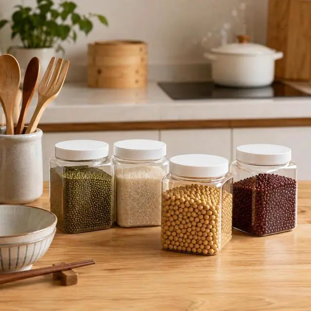 Alt view image 4 of 7 - 2 Pack Clear Plastic Jar with Lids Square Jar with Screw on Lids 26 Oz/750ml Reusable Empty Containers for Household Kitchen Storage Organizing