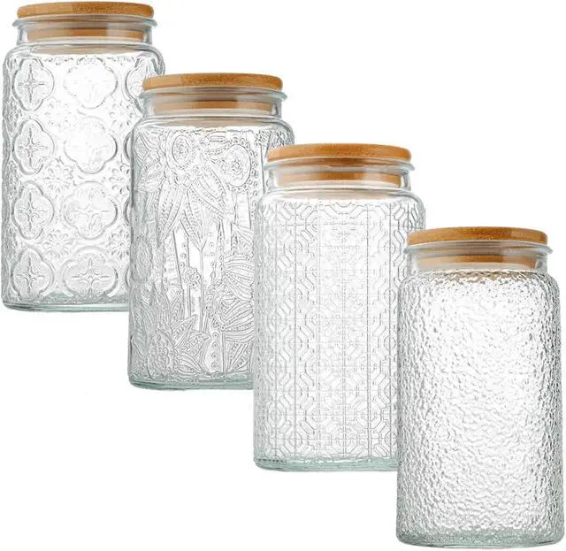 Alt view image 3 of 7 - Glass Jar with Airtight Bamboo Lid, 35oz Vintage Glass Kitchen Storage Counter Sealed Jar, Decorative Glass Food Storage Containers for Candy, Flour, Oats, Coffee Bean, Pet Treats(Sunflower)