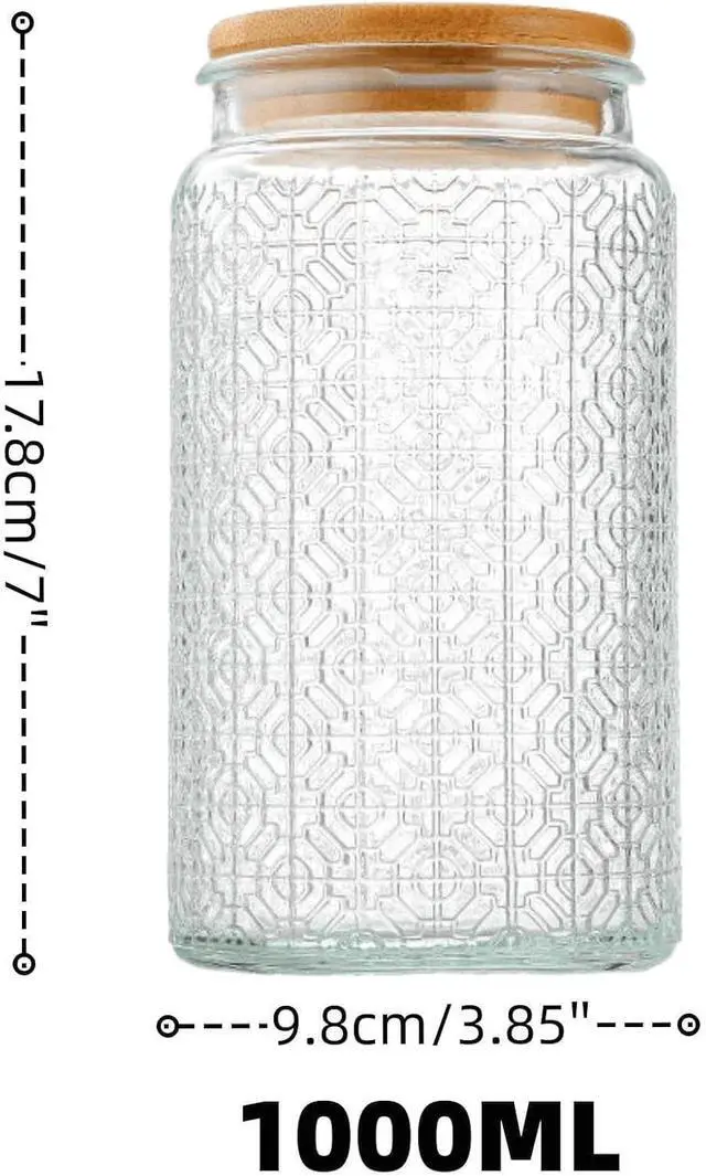 Alt view image 2 of 7 - Glass Jar with Airtight Bamboo Lid, 35oz Vintage Glass Kitchen Storage Counter Sealed Jar, Decorative Glass Food Storage Containers for Candy, Flour, Oats, Coffee Bean(Window Grilles)