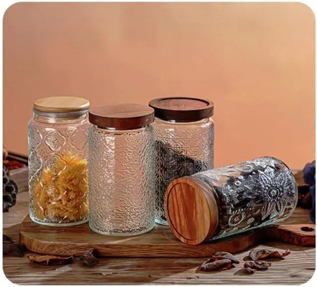Alt view image 7 of 7 - Glass Jar with Airtight Bamboo Lid, 35oz Vintage Glass Kitchen Storage Counter Sealed Jar, Decorative Glass Food Storage Containers for Candy, Flour, Oats, Coffee Bean, Pet Treats(Sunflower)
