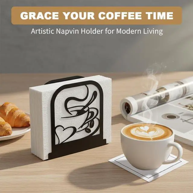 Alt view image 3 of 7 - Black Metal Modern Standing Napkin Holder, Coffee Time Theme Tabletop Napkin Dispenser, Decorative Organizer for Kitchen Counter, Cafe and Dining Table