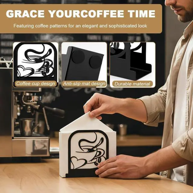 Alt view image 4 of 7 - Black Metal Modern Standing Napkin Holder, Coffee Time Theme Tabletop Napkin Dispenser, Decorative Organizer for Kitchen Counter, Cafe and Dining Table