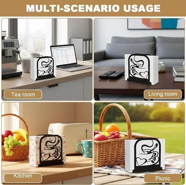 Alt view image 7 of 7 - Black Metal Modern Standing Napkin Holder, Coffee Time Theme Tabletop Napkin Dispenser, Decorative Organizer for Kitchen Counter, Cafe and Dining Table