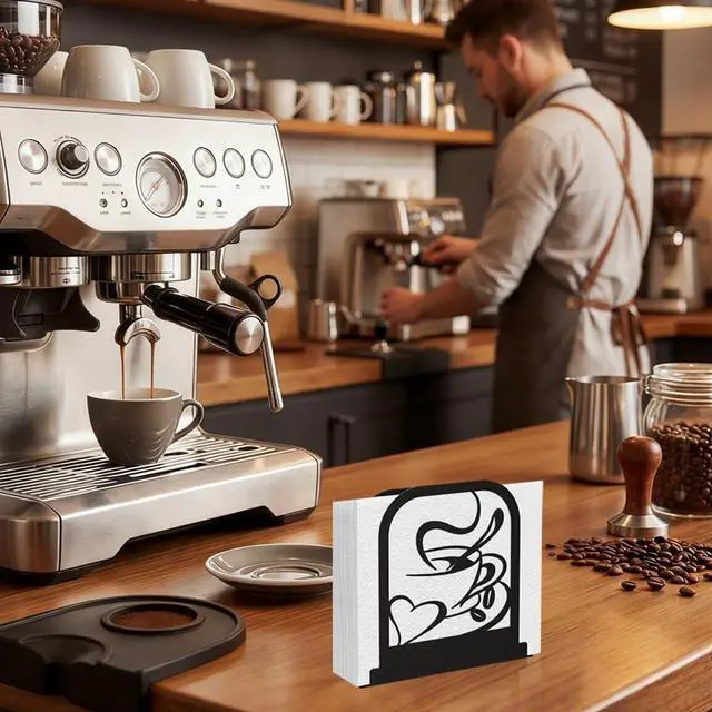 Alt view image 5 of 7 - Black Metal Modern Standing Napkin Holder, Coffee Time Theme Tabletop Napkin Dispenser, Decorative Organizer for Kitchen Counter, Cafe and Dining Table