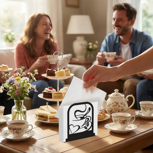 Alt view image 6 of 7 - Black Metal Modern Standing Napkin Holder, Coffee Time Theme Tabletop Napkin Dispenser, Decorative Organizer for Kitchen Counter, Cafe and Dining Table