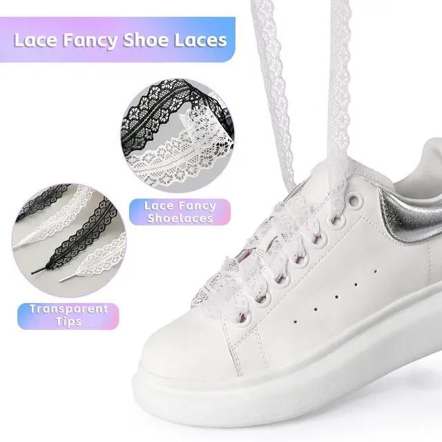 Alt view image 3 of 6 - 2 Pairs Lace Shoelaces, Flat Ribbon Shoe Laces for Women, Fancy 3cm Wide Sneaker Shoelaces, Decorative and Comfortable