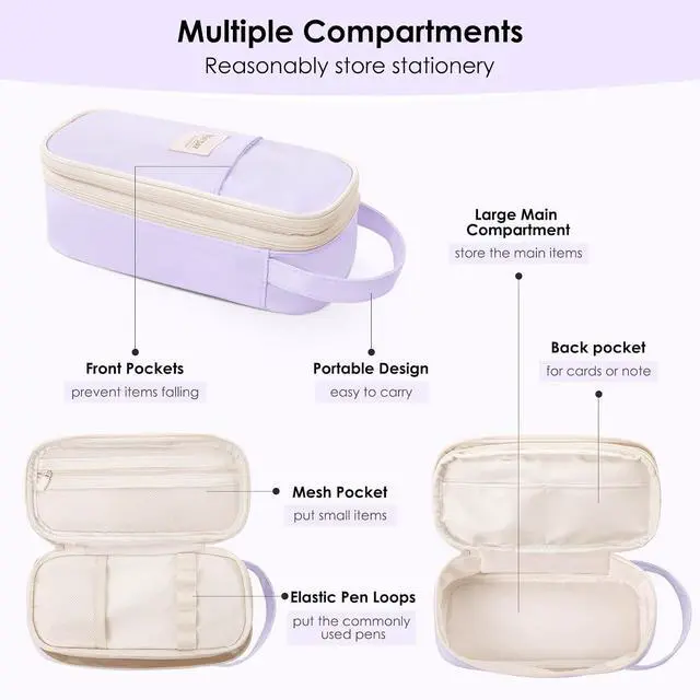 Alt view image 3 of 7 - SKYDUE Purple Pencil Case for Girls - Aesthetic Pencil Bag with Multi-Compartment, Large Capacity Zippered Pencil Pouch for School Supply