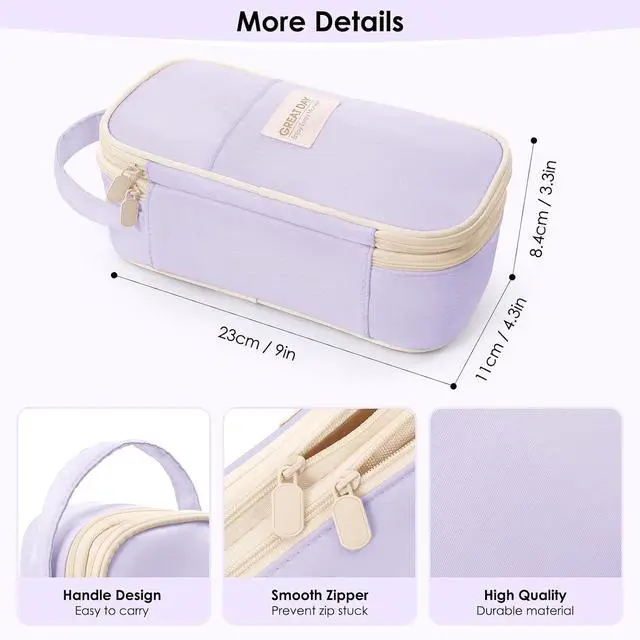 Alt view image 6 of 7 - SKYDUE Purple Pencil Case for Girls - Aesthetic Pencil Bag with Multi-Compartment, Large Capacity Zippered Pencil Pouch for School Supply