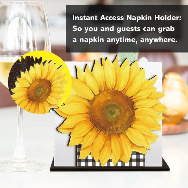 Alt view image 4 of 7 - Sunflower Wooden Napkin Holder for Table, Summer Yellow Sunflower Buffalo Plaid Tissue Dispenser Summer Sunflowers Decor for Kitchen Dining Room Coffee Station Home
