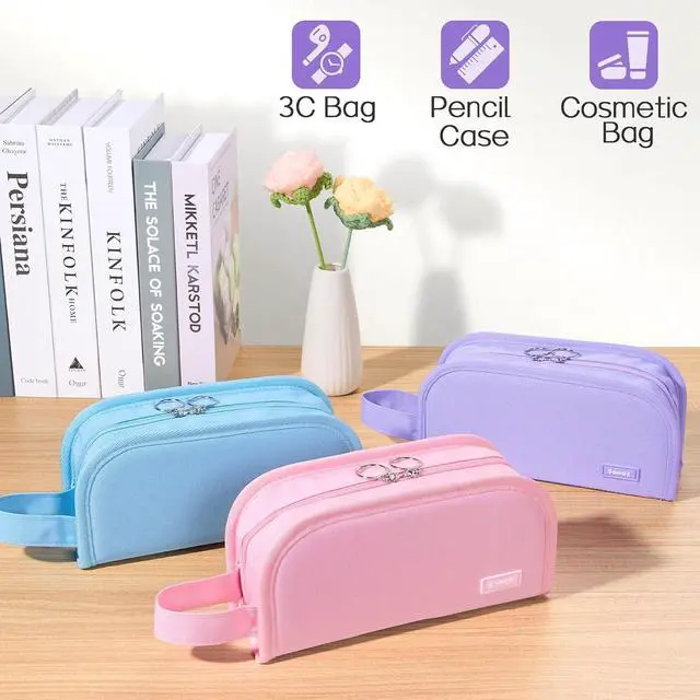 Alt view image 4 of 5 - Sooez Wide Opening Pencil Case, Large Capacity Pencil Pouch Organizer Aesthetic Pencil Bag for School Supplies Stationery, Marker Pouch Makeup Bag Organizer