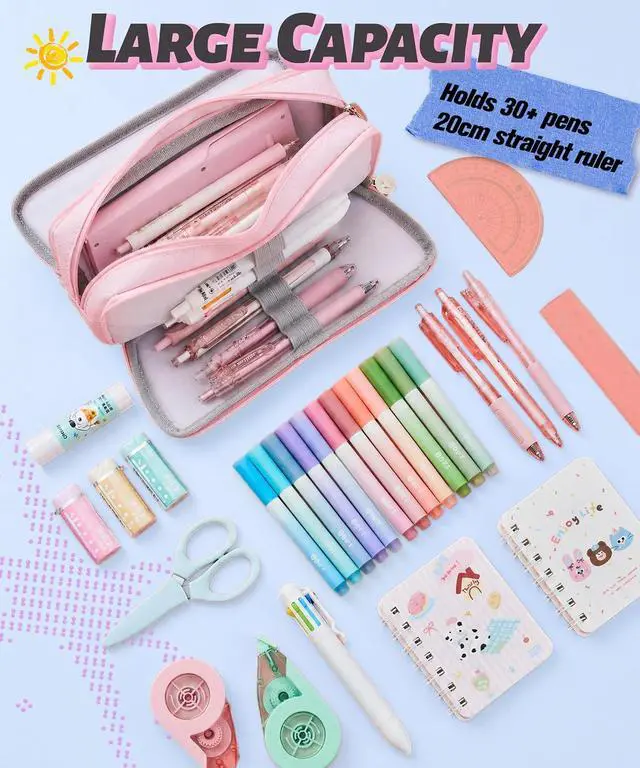 Alt view image 2 of 7 - FAHZON Cute Pencil Case, 3 Large Compartments Pencil Pouch, Elastic Pen Slots&Mesh Pockets for Stationery, Pencil Bag for School Supplies with Zipper for Girls Boy Women Teens Adults-Pink
