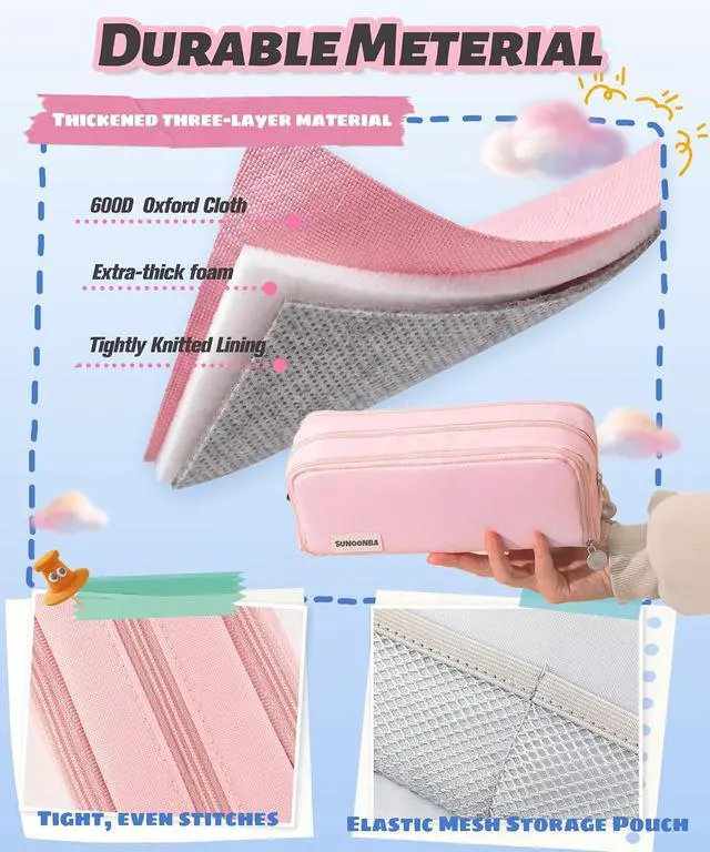 Alt view image 3 of 7 - FAHZON Cute Pencil Case, 3 Large Compartments Pencil Pouch, Elastic Pen Slots&Mesh Pockets for Stationery, Pencil Bag for School Supplies with Zipper for Girls Boy Women Teens Adults-Pink