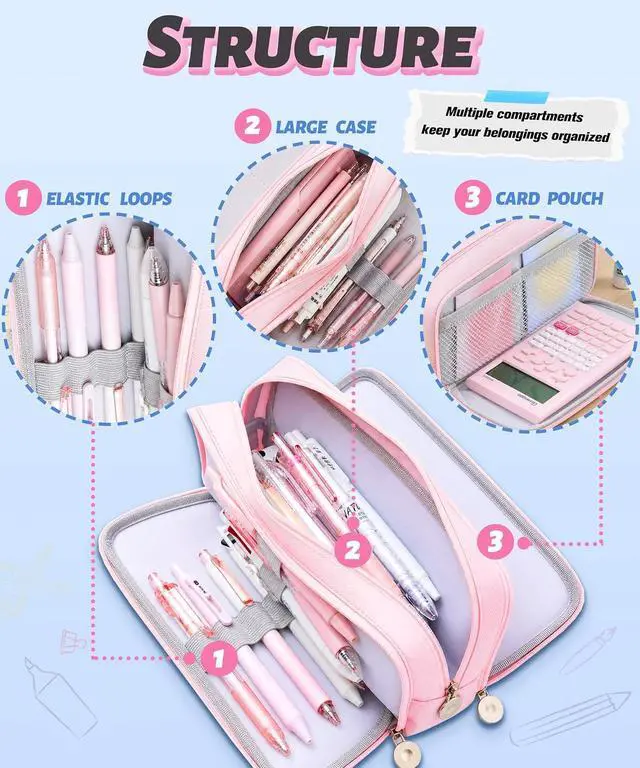 Alt view image 4 of 7 - FAHZON Cute Pencil Case, 3 Large Compartments Pencil Pouch, Elastic Pen Slots&Mesh Pockets for Stationery, Pencil Bag for School Supplies with Zipper for Girls Boy Women Teens Adults-Pink