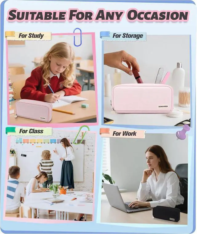Alt view image 7 of 7 - FAHZON Cute Pencil Case, 3 Large Compartments Pencil Pouch, Elastic Pen Slots&Mesh Pockets for Stationery, Pencil Bag for School Supplies with Zipper for Girls Boy Women Teens Adults-Pink