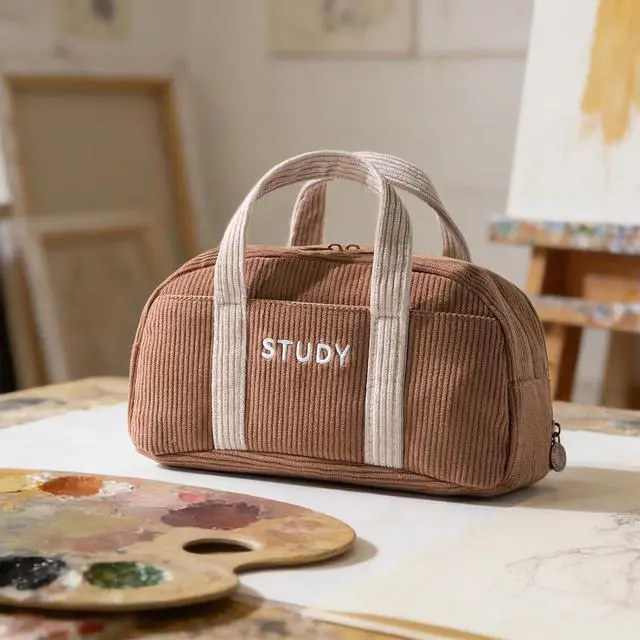 Alt view image 5 of 6 - EASTHILL Corduroy Hand-held Pencil Case Large Cute Pencil Pouch Stationery Pen Bag for Teen Girls-Brown