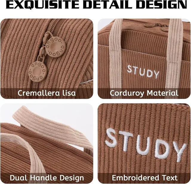 Alt view image 6 of 6 - EASTHILL Corduroy Hand-held Pencil Case Large Cute Pencil Pouch Stationery Pen Bag for Teen Girls-Brown