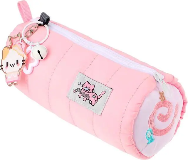 Main image of Pink Kawaii Pencil Case with Cat Keychain, Cute Cat Makeup Bag | Large Capacity Cream Roll Cartoon Pencil Case with Zipper for Women Makeup Brushes Stationery Pens Valentine's Day Gift