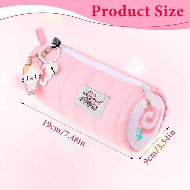 Alt view image 2 of 7 - Pink Kawaii Pencil Case with Cat Keychain, Cute Cat Makeup Bag | Large Capacity Cream Roll Cartoon Pencil Case with Zipper for Women Makeup Brushes Stationery Pens Valentine's Day Gift