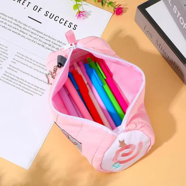 Alt view image 4 of 7 - Pink Kawaii Pencil Case with Cat Keychain, Cute Cat Makeup Bag | Large Capacity Cream Roll Cartoon Pencil Case with Zipper for Women Makeup Brushes Stationery Pens Valentine's Day Gift