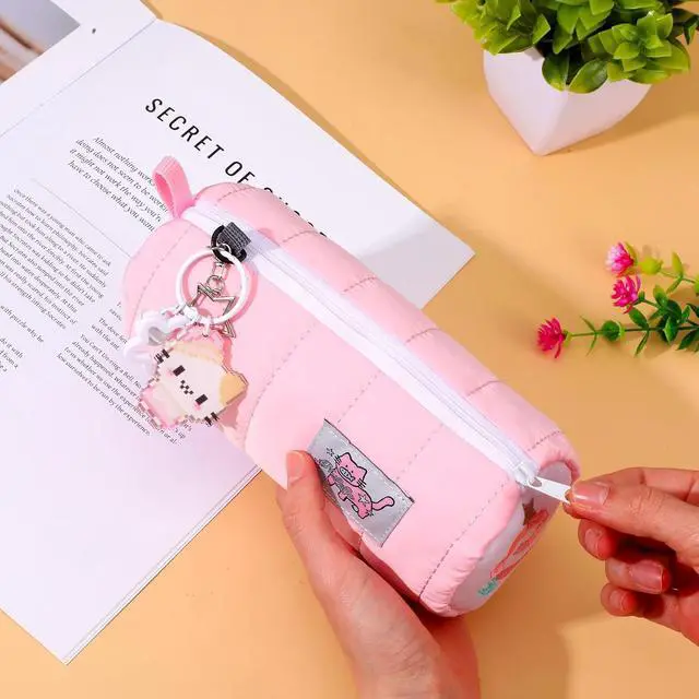 Alt view image 5 of 7 - Pink Kawaii Pencil Case with Cat Keychain, Cute Cat Makeup Bag | Large Capacity Cream Roll Cartoon Pencil Case with Zipper for Women Makeup Brushes Stationery Pens Valentine's Day Gift