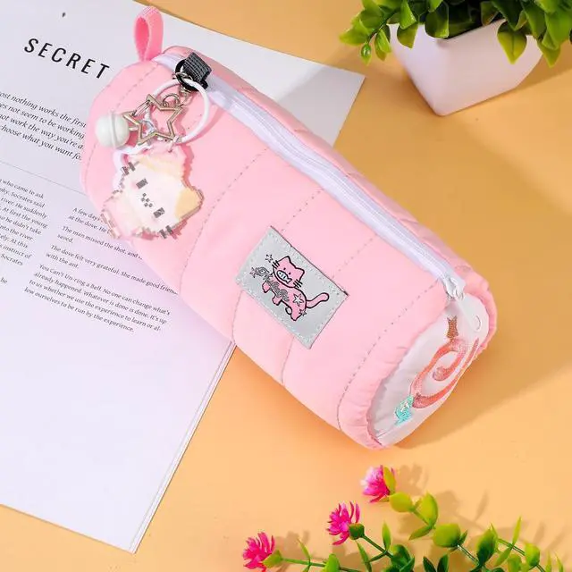 Alt view image 7 of 7 - Pink Kawaii Pencil Case with Cat Keychain, Cute Cat Makeup Bag | Large Capacity Cream Roll Cartoon Pencil Case with Zipper for Women Makeup Brushes Stationery Pens Valentine's Day Gift