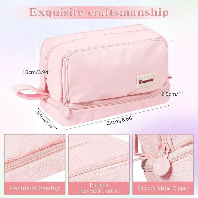 Alt view image 2 of 6 - Zzrywuty Pink Large Capacity Pencil Case 4 Compartments,Pencil Pouch with Zipper Portable Handle for Teens Adults Aesthetic Pencil Bag Stationery Organizer Pen Pencil Case with Handle for School
