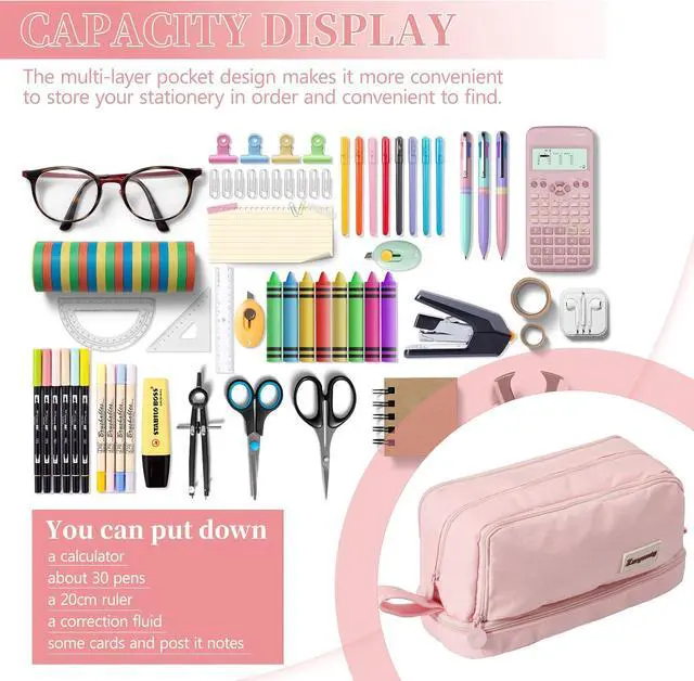 Alt view image 4 of 6 - Zzrywuty Pink Large Capacity Pencil Case 4 Compartments,Pencil Pouch with Zipper Portable Handle for Teens Adults Aesthetic Pencil Bag Stationery Organizer Pen Pencil Case with Handle for School