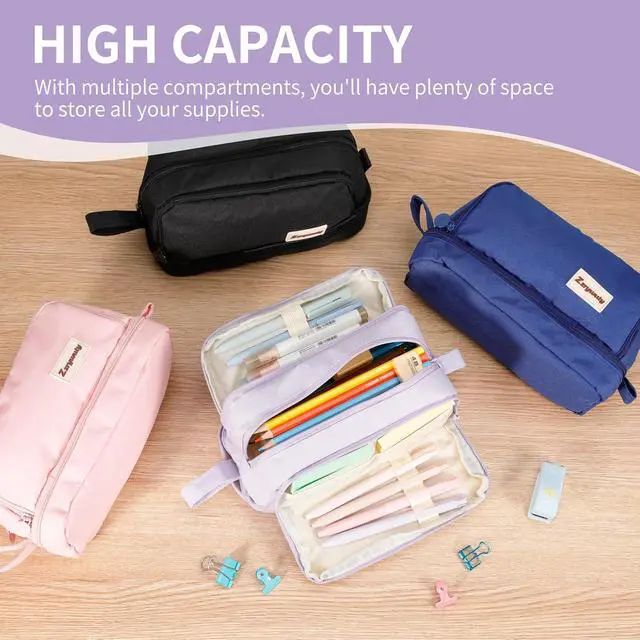 Alt view image 6 of 6 - Zzrywuty Pink Large Capacity Pencil Case 4 Compartments,Pencil Pouch with Zipper Portable Handle for Teens Adults Aesthetic Pencil Bag Stationery Organizer Pen Pencil Case with Handle for School