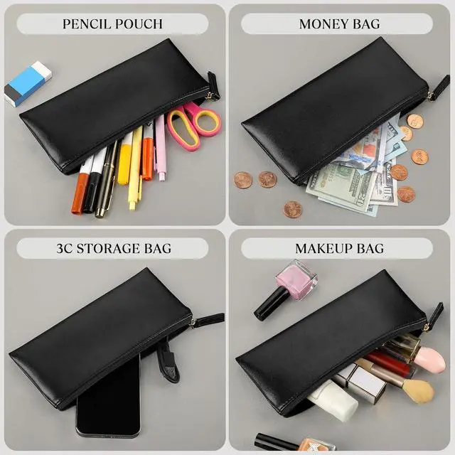 Alt view image 2 of 6 - MROCO PU Leather Pencil Case, Small Zipper Pouch, Black | for Pencils, Pens, Markers, Makeup, Coins, Change, Water-resistant PU, Smooth zip, compact for school office travel