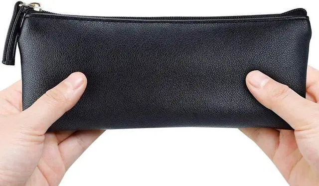 Main image of MROCO PU Leather Pencil Case, Small Zipper Pouch, Black | for Pencils, Pens, Markers, Makeup, Coins, Change, Water-resistant PU, Smooth zip, compact for school office travel