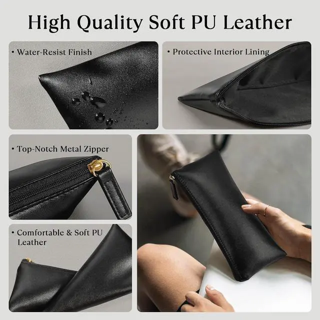 Alt view image 3 of 6 - MROCO PU Leather Pencil Case, Small Zipper Pouch, Black | for Pencils, Pens, Markers, Makeup, Coins, Change, Water-resistant PU, Smooth zip, compact for school office travel