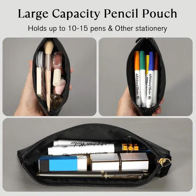 Alt view image 4 of 6 - MROCO PU Leather Pencil Case, Small Zipper Pouch, Black | for Pencils, Pens, Markers, Makeup, Coins, Change, Water-resistant PU, Smooth zip, compact for school office travel