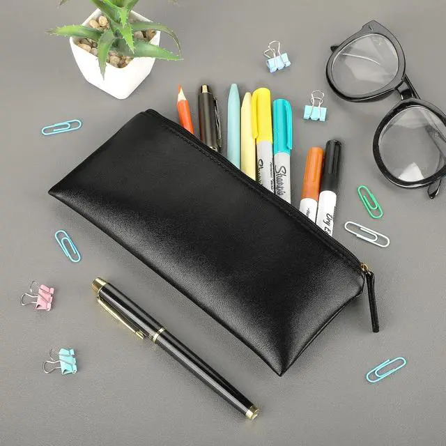 Alt view image 6 of 6 - MROCO PU Leather Pencil Case, Small Zipper Pouch, Black | for Pencils, Pens, Markers, Makeup, Coins, Change, Water-resistant PU, Smooth zip, compact for school office travel