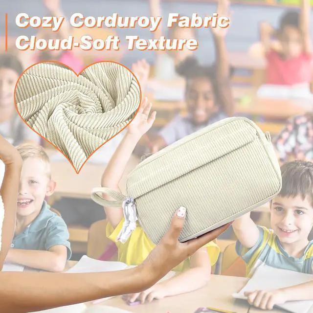 Alt view image 2 of 7 - Big Capacity Pencil case,Soft Corduroy Pencil Bag with 3 Compartment,Pencil Pouch School Supplies Cute Pencil Box Pencil Bag for Teen Girls Boys College