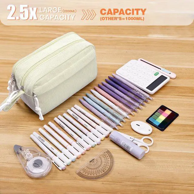 Alt view image 3 of 7 - Big Capacity Pencil case,Soft Corduroy Pencil Bag with 3 Compartment,Pencil Pouch School Supplies Cute Pencil Box Pencil Bag for Teen Girls Boys College