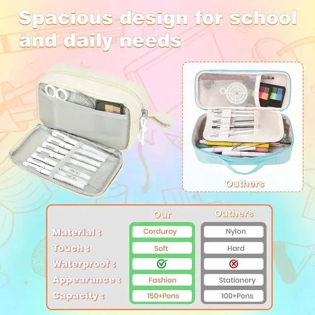 Alt view image 4 of 7 - Big Capacity Pencil case,Soft Corduroy Pencil Bag with 3 Compartment,Pencil Pouch School Supplies Cute Pencil Box Pencil Bag for Teen Girls Boys College