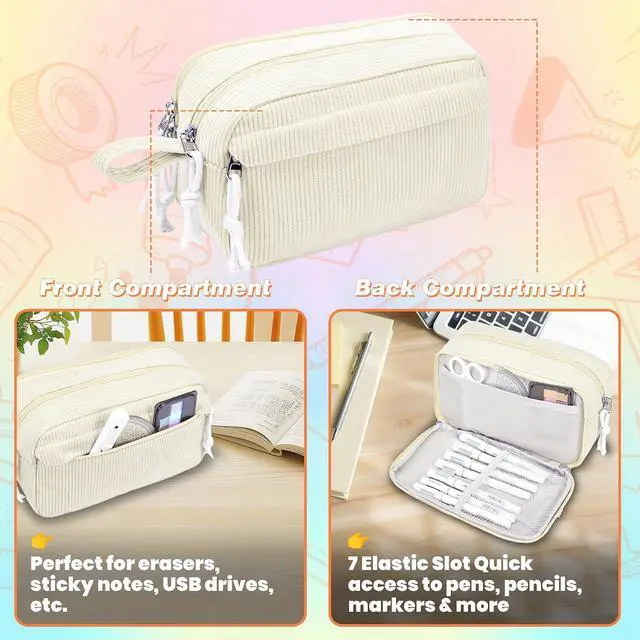 Alt view image 5 of 7 - Big Capacity Pencil case,Soft Corduroy Pencil Bag with 3 Compartment,Pencil Pouch School Supplies Cute Pencil Box Pencil Bag for Teen Girls Boys College