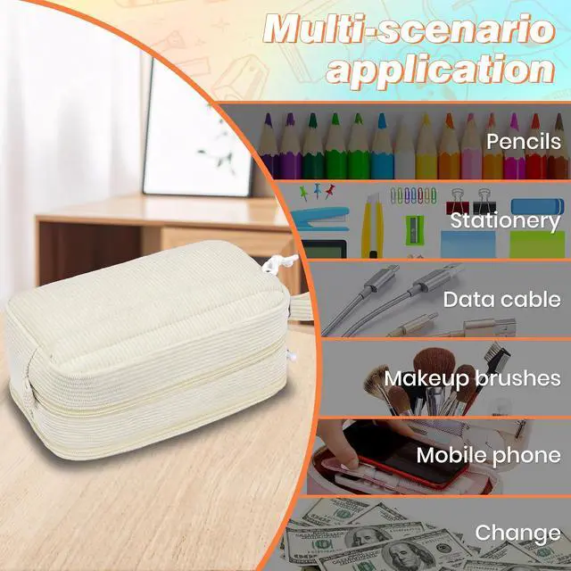 Alt view image 7 of 7 - Big Capacity Pencil case,Soft Corduroy Pencil Bag with 3 Compartment,Pencil Pouch School Supplies Cute Pencil Box Pencil Bag for Teen Girls Boys College