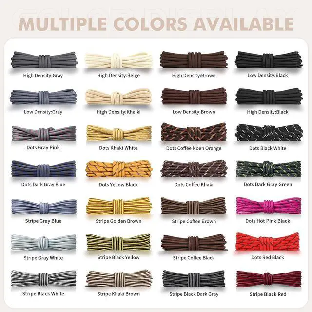Alt view image 6 of 7 - Stepace 2 Pairs Round Heavy Duty Boot Laces for Hiking and Work Boots | Reliable tie hold for boots, wear-resistant polyester weave, 10 lengths for an accurate fit, stripe and dot styles
