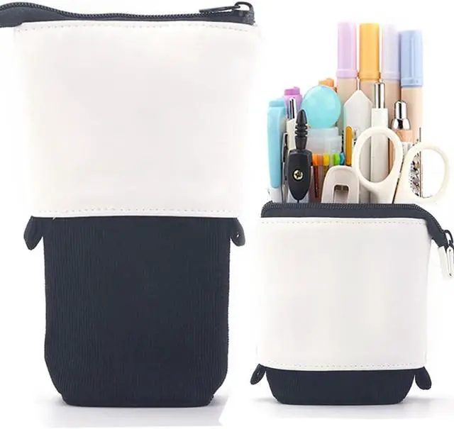 Main image of Telescopic Pencil Bag Pen Holder Stationery Case, PU Corduroy Stand-up Retractable Transformer Bag Colorful Organizer, Great for Christmas Holiday (Black)
