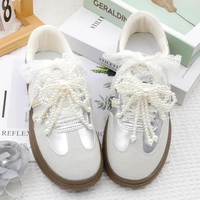 Alt view image 2 of 7 - Flat Lace Shoelaces for Women: 2 Pairs 2.3CM Wide Lacy Shoe Laces | Lace Fancy Designs, Soft and Elastic, Free Cut for DIY Decorations