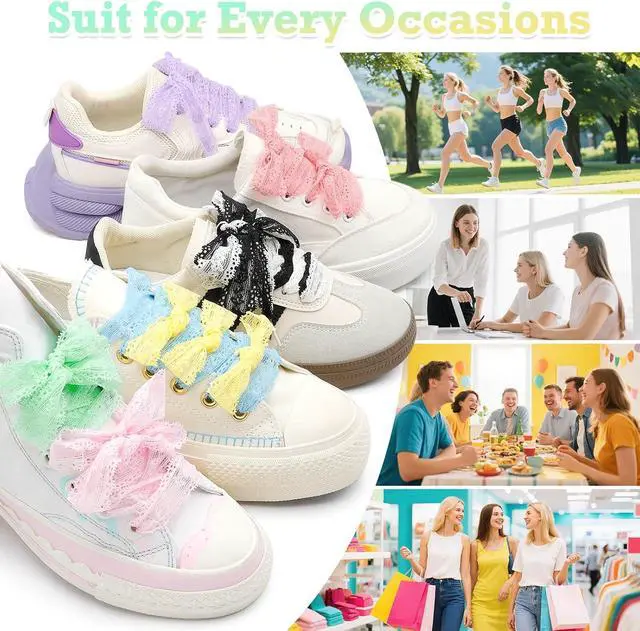 Alt view image 4 of 7 - Flat Lace Shoelaces for Women: 2 Pairs 2.3CM Wide Lacy Shoe Laces | Lace Fancy Designs, Soft and Elastic, Free Cut for DIY Decorations