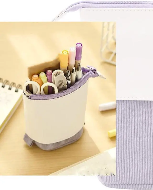 Alt view image 3 of 6 - Telescopic Pencil Bag Pen Holder Stationery Case, PU Corduroy Stand-up Retractable Transformer Bag Colorful Organizer, Great for Christmas Holiday (Black)