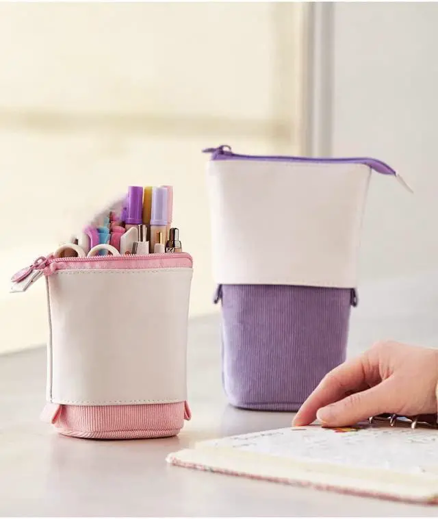 Alt view image 5 of 6 - Telescopic Pencil Bag Pen Holder Stationery Case, PU Corduroy Stand-up Retractable Transformer Bag Colorful Organizer, Great for Christmas Holiday (Black)
