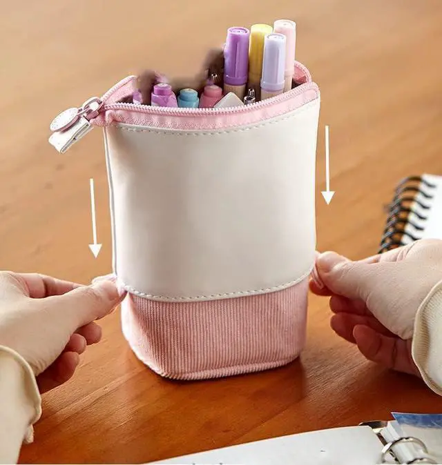 Alt view image 6 of 6 - Telescopic Pencil Bag Pen Holder Stationery Case, PU Corduroy Stand-up Retractable Transformer Bag Colorful Organizer, Great for Christmas Holiday (Black)