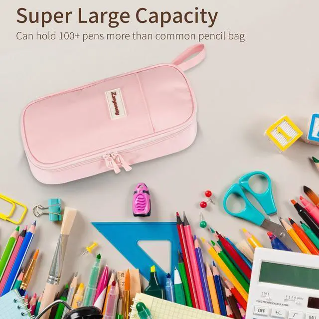 Alt view image 5 of 6 - Zzrywuty Large Pencil Case, Big Capacity Pencil Pouch Office College School Stationery Pen Bag for Teen Girl Boy Men Women, Pink